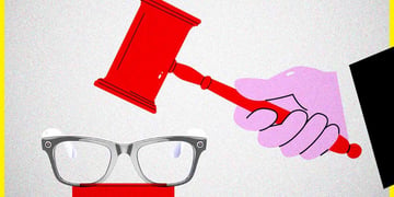A judge's hand is about to smash a pair of smart glasses with a gavel
