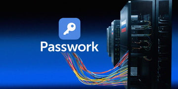 The logo of Passwork, a server, a Russian flag