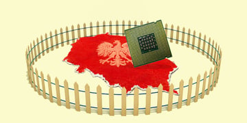Poland on the map surrounded by a fence; a microchip