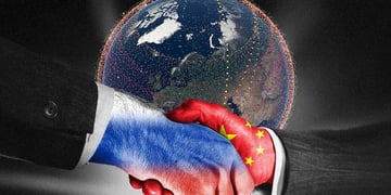 A hand with a Russian flag shaking a hand with a Chinese flag, the planet Earth