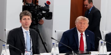 sam altman, donald trump, black suit, baby blue, red ties, white collar shirts, cameraman
