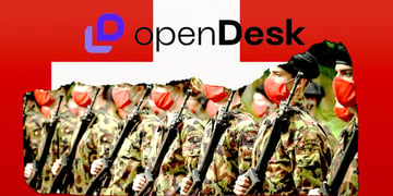 The Swiss army soldiers, the logo of OpenDesk, the flag of Switzerland
