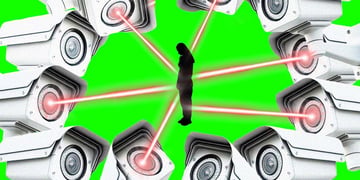 A circle of surveillance cameras that are pointing to a woman in the middle