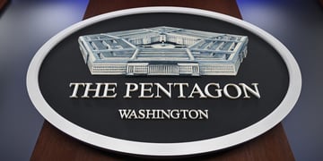Pentagon logo is seen ahead of a press conference at the Pentagon in Washington D.C.