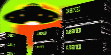 A UFO hovering above classified files.