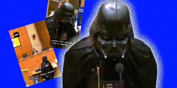 Screenshots of a man dressed as Darth Vader in San Diego City Hall; blue background