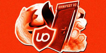 A giant Firefox logo stands untouched behind a glowing uBlock Origin shield