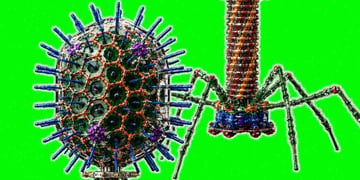 Two parts of bacteriophage, the virus that attacks bacteria
