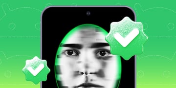 Face verification on the mobile screen in green background.