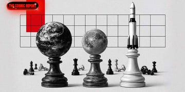 A cosmic chessboard with rockets and planets for pieces.