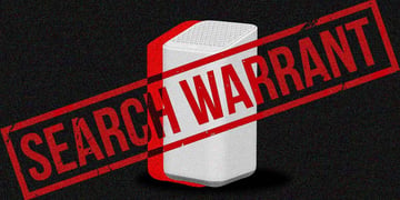 An Xfinity router with the words "Search warrant" over it