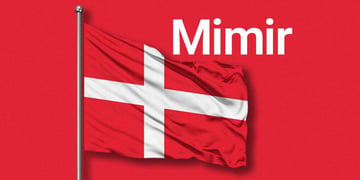A Danish flag, the word "Mimir" in white