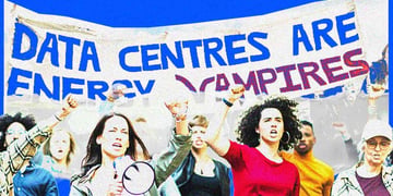 Protestors hold a poster saying "Data centers are energy vampires"