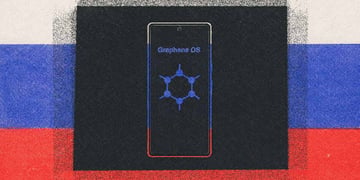 A smart phone and a Graphene OS logo with the Russian flag in the background