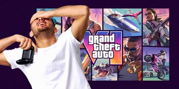 A disappointed gamer next to imagery of the upcoming GTA VI video game
