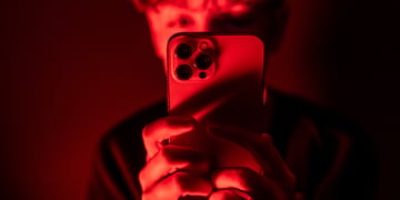 teenage boy looks at an iPhone screen displaying various social media apps in red background