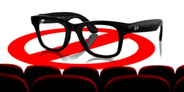 Meta glasses with a "Not Allowed" sign over them in a cinema hall