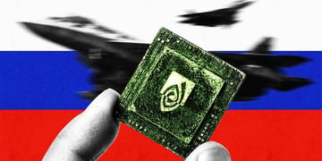 A hand holding a chip, Russian flag on the background, jet fighters