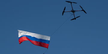 A drone carrying the Russian flag