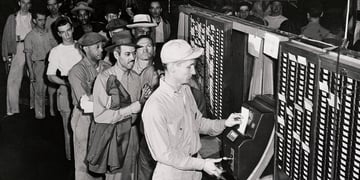 Workers Punching Time Clock at Rouge Plant of Ford Motor Company