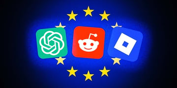 ChatGPT, Reddit, Roblox logos superimposed on EU flag