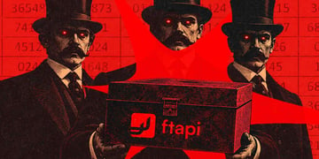 Three figures in red background holding a box with FTAPI logo on it.