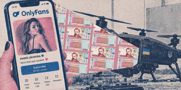 OnlyFans-style creator page, with Ukrainian hryvnia banknotes flowing,