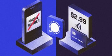 A split screen of a phone-numberless Signal subscription and a $2.99 subscription fee.