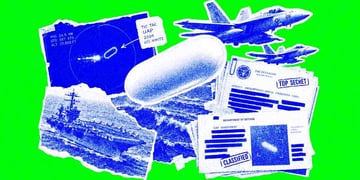 A dramatic Tic Tac UFO over the ocean with military radar screens. Image by Cybernews.