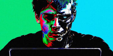 An individual drawn like an computerized AI bot looking at the screen of their laptop