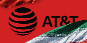 AT&T logo in the red background and Iran flag