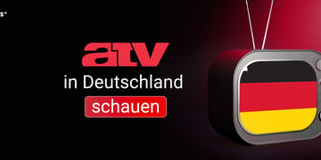 ATV-Logo, TV-Gerät mit Bundesflagge, rot-schwarz 