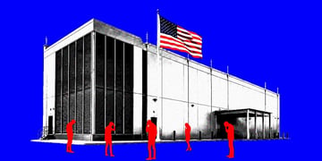 Data center, with US flag, and people in front of it with a blue background.