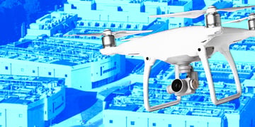 A drone flying over a data center