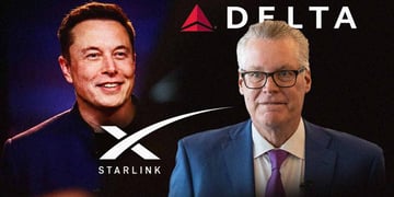Elon Musk, logo of Starlink, Delta CEO Ed Bastian, and logo of Delta Air Lines.