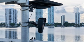 black flock camera, two solar panels above it, blue water, five skyscrapers, blue cloudy sky, couple