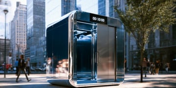 A NYC futuristic modular toilet, with a 10 minute time warning.