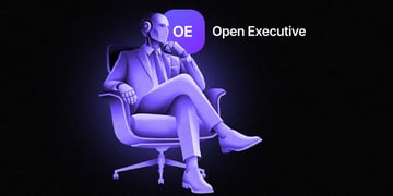 A robot in suit is sitting on a chair, the words "Open Executive"