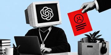 Person with computer instead of a head is sitting in front of a laptop
