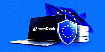 A laptop with a productivity suite, openDesk, the European Union flag