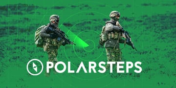 The logo of the Polarsteps app, two armed soldiers walking in the green background