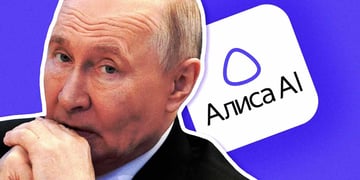 Russia's president Vladimir Putin, the logo of  Alice AI