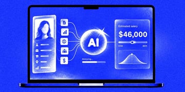 A person's social media profile, letters "AI", a graph showing an estimated salary of $46,000