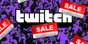 Twitch logo with people in the background and sign sale