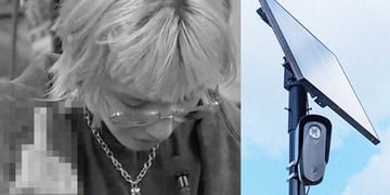 A woman showing middle finger in a hearing against Flock cameras on the left corner of collage and Flock camera with solar panel on the right side.