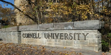 Cornell University entrance sign, with leaves in fall