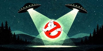 Two UFOs beaming down the ghostbusters logo.