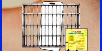 A smartphone behind prison bars, with a 5 years imprisonment document.