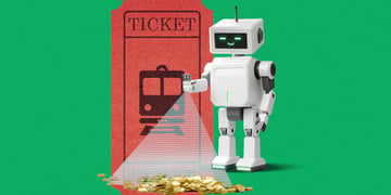 AI lighting pile of money with a train ticket in the background
