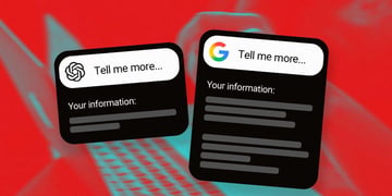 Two phone screens with AI search and Google search modes, each saying "Tell me more."